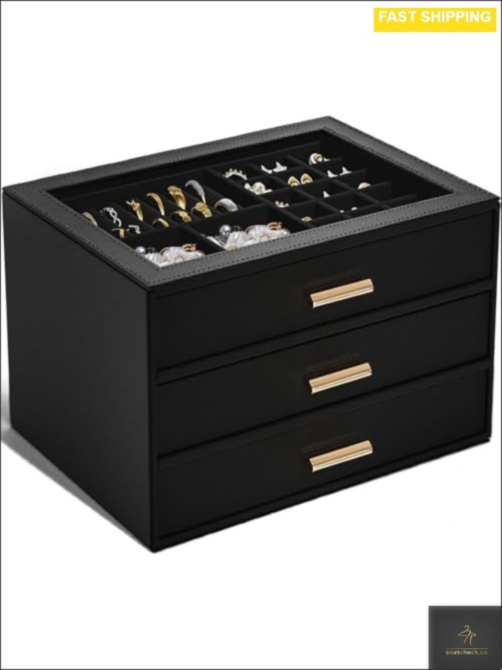 Leather Jewelry Box Organizer with Clear Lid and 3 Drawers